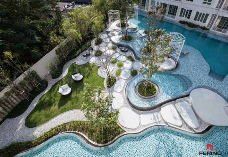 trang trí bể bơi bằng đá phòng cảnh