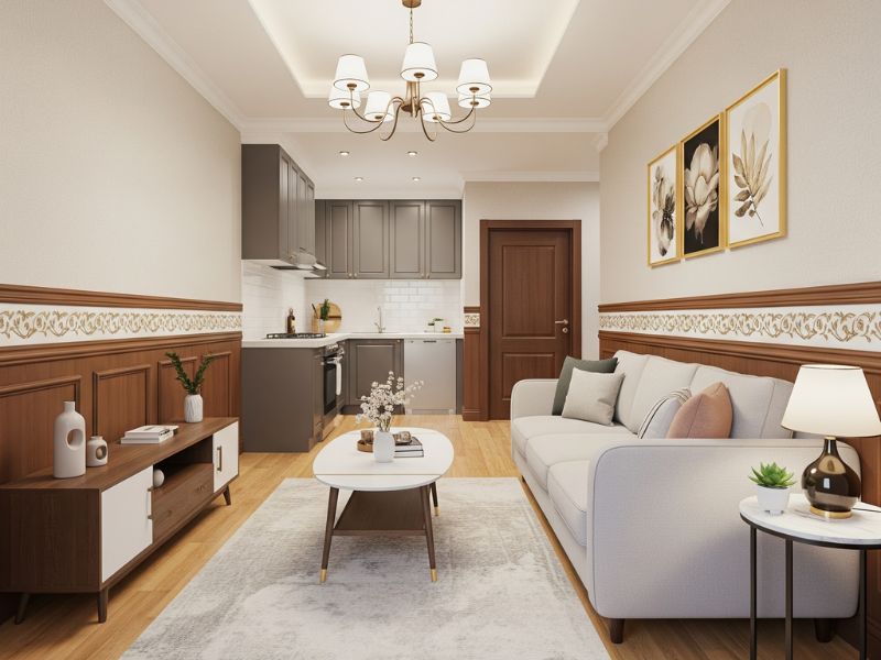 ốp gỗ phòng khách nhà ống