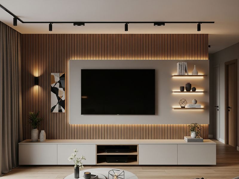 ốp gỗ phòng khách nhà ống