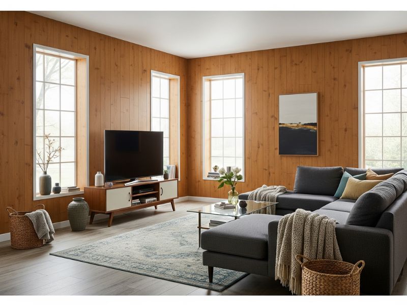 mẫu phòng khách ốp nhựa giả gỗ