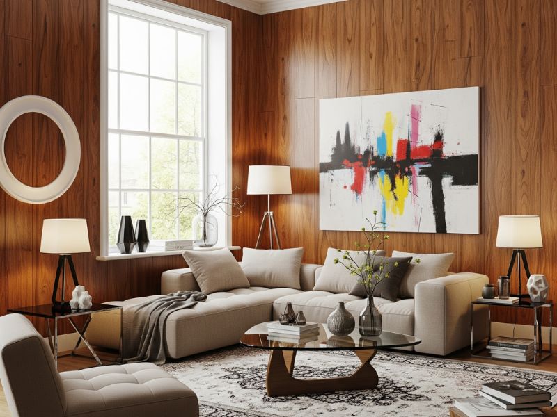 mẫu phòng khách ốp nhựa giả gỗ