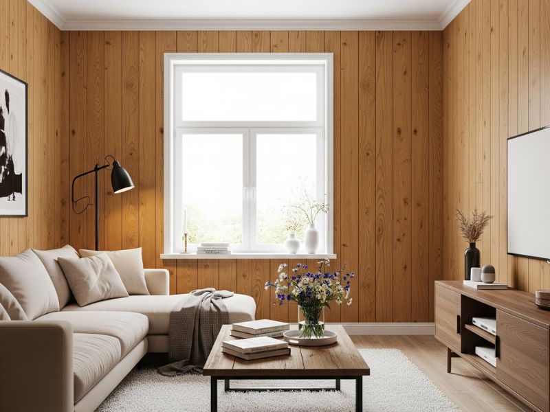 mẫu phòng khách ốp nhựa giả gỗ