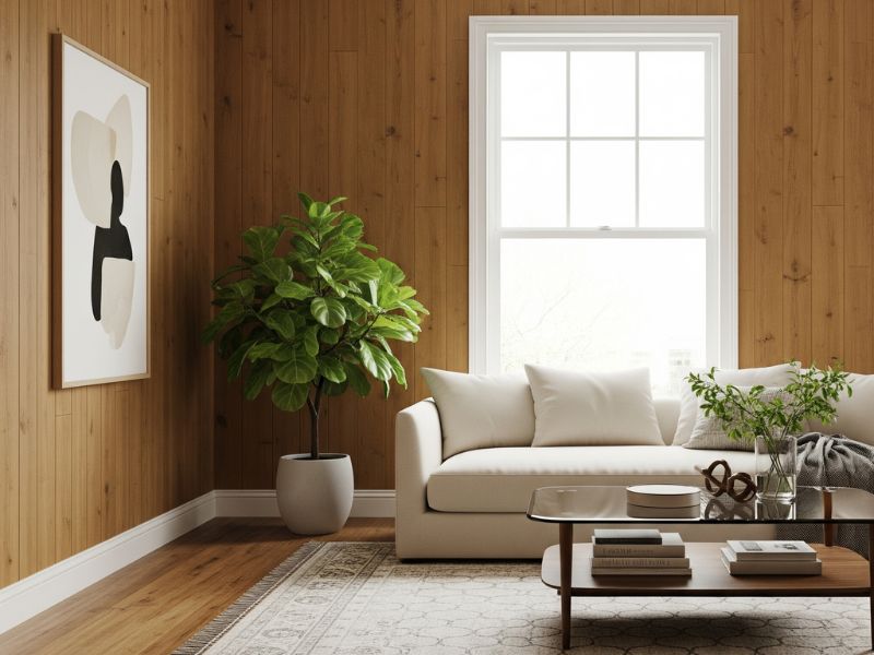 mẫu phòng khách ốp nhựa giả gỗ