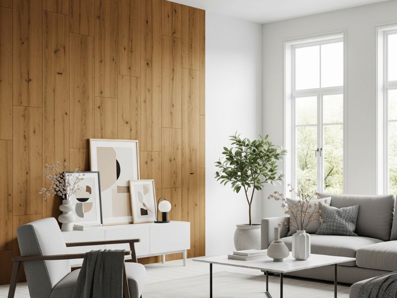 mẫu phòng khách ốp nhựa giả gỗ