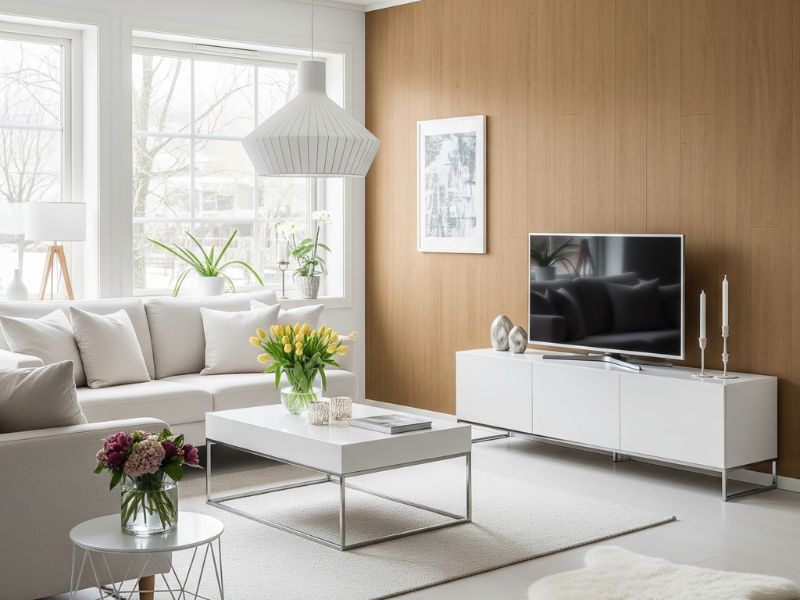 mẫu phòng khách ốp nhựa giả gỗ