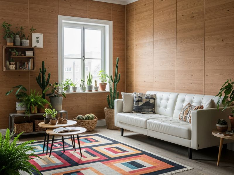 mẫu phòng khách ốp nhựa giả gỗ