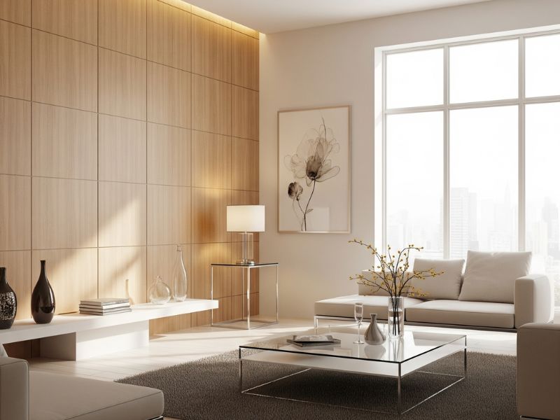 mẫu phòng khách ốp nhựa giả gỗ