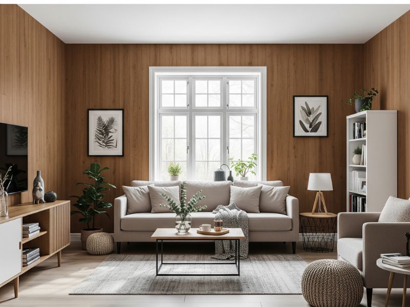 mẫu phòng khách ốp nhựa giả gỗ