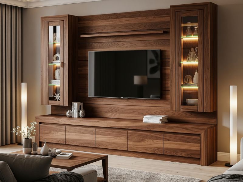 Vách tivi phòng khách gỗ tự nhiên