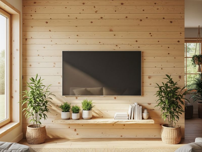 Vách tivi phòng khách gỗ tự nhiên