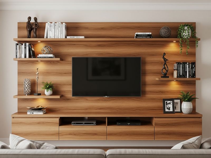 Vách tivi phòng khách gỗ tự nhiên