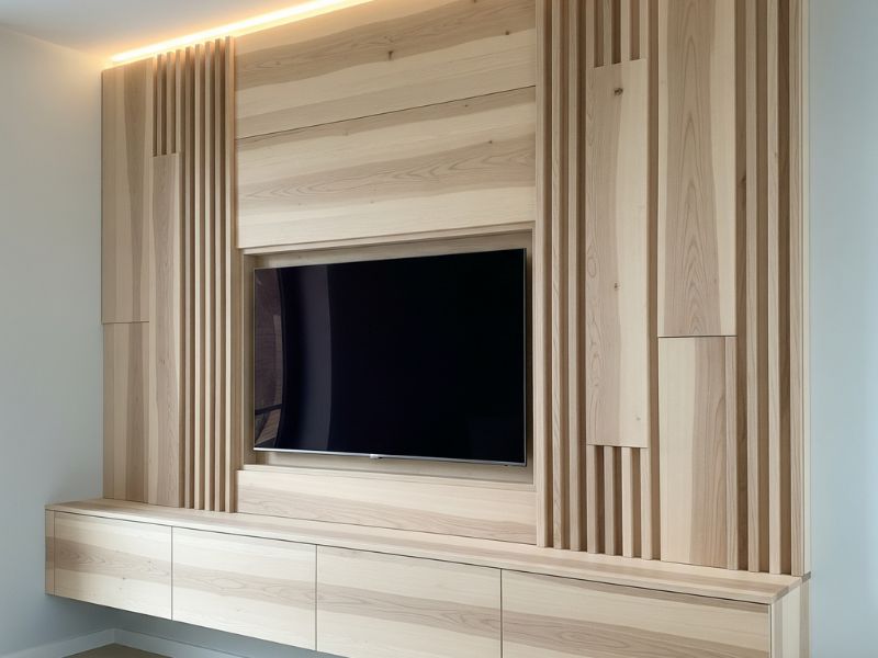 Vách tivi phòng khách gỗ tự nhiên