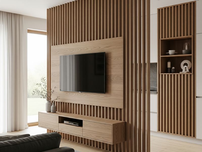 Vách tivi phòng khách gỗ tự nhiên