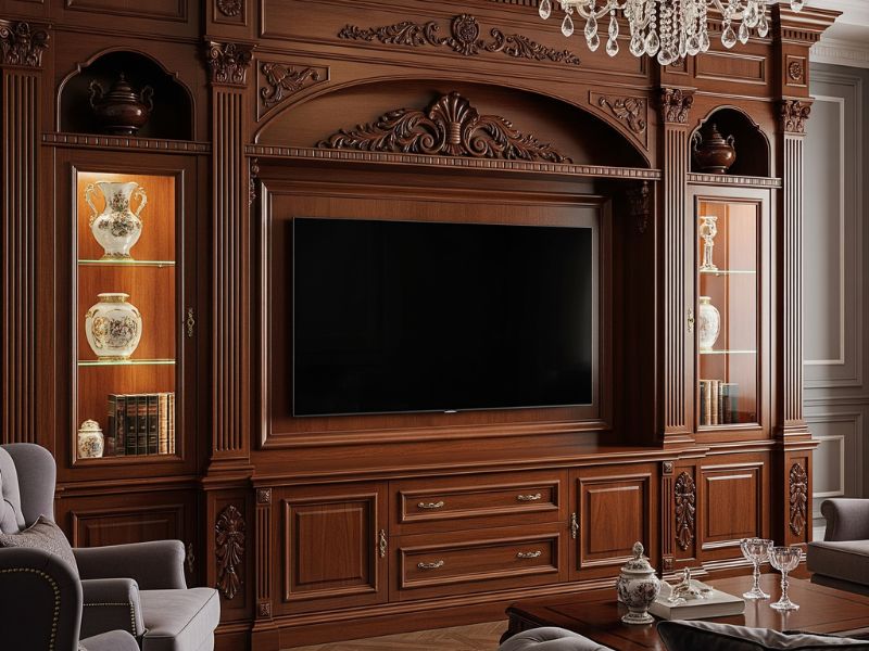 Vách tivi phòng khách gỗ tự nhiên