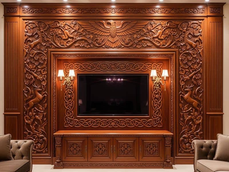 Vách tivi phòng khách gỗ tự nhiên