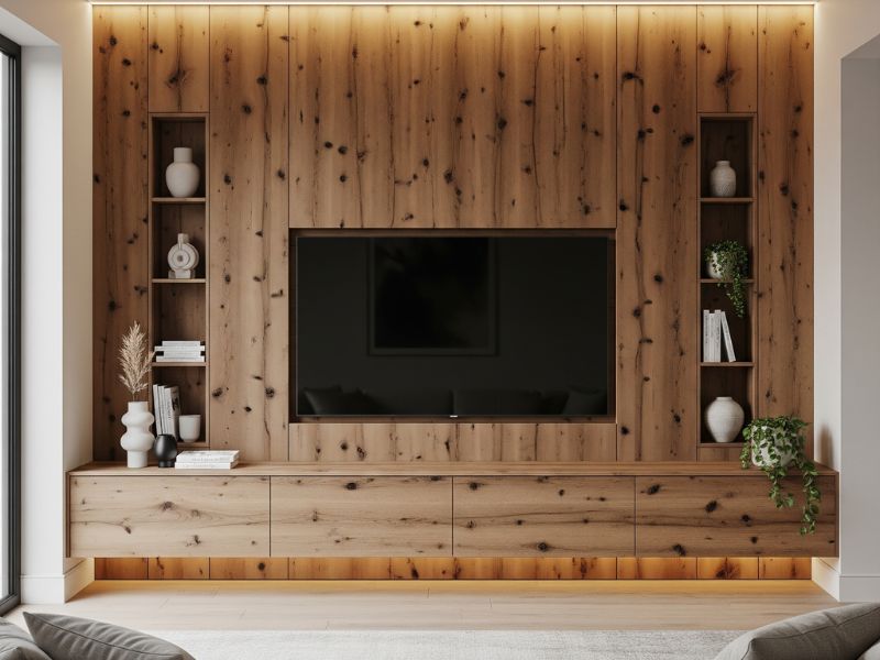 Vách tivi phòng khách gỗ tự nhiên