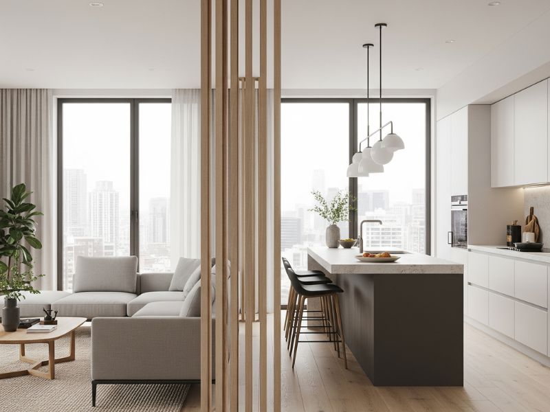 Xây vách ngăn phòng khách và bếp đơn giản