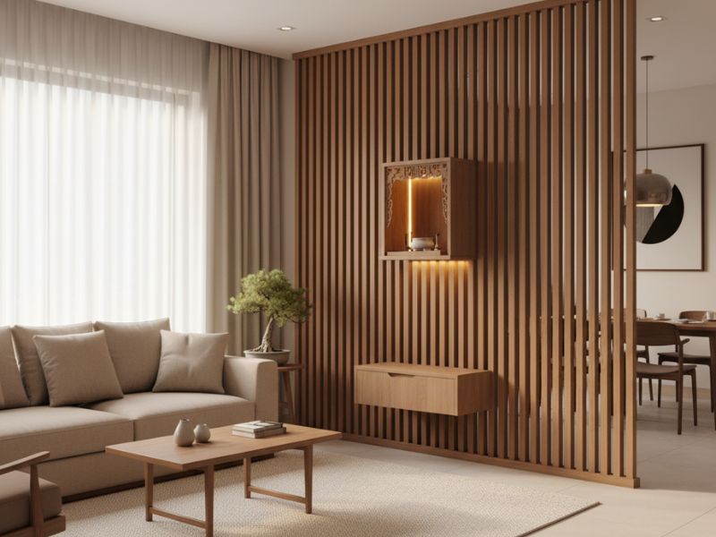 vách ngăn phòng khách kết hợp bàn thờ