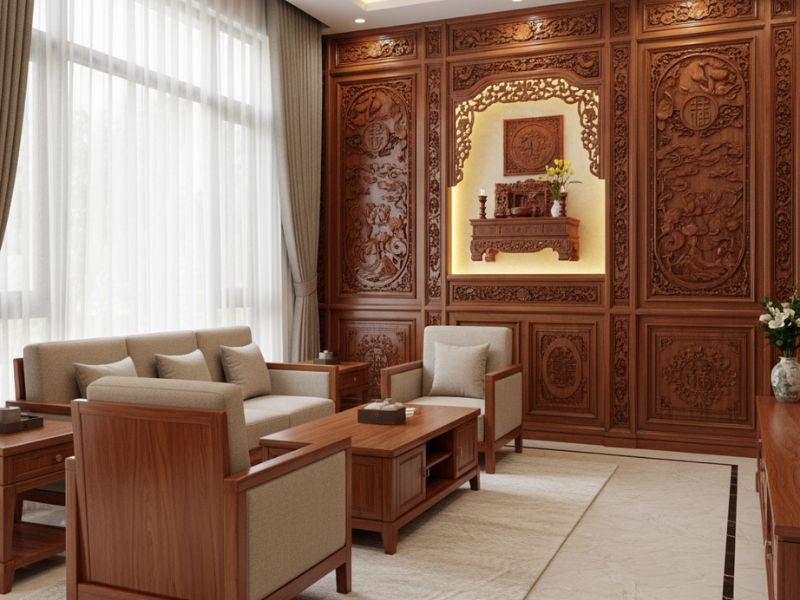 vách ngăn phòng khách kết hợp bàn thờ