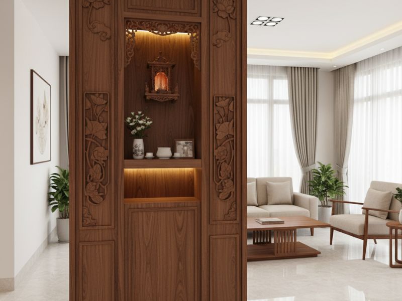 vách ngăn phòng khách kết hợp bàn thờ