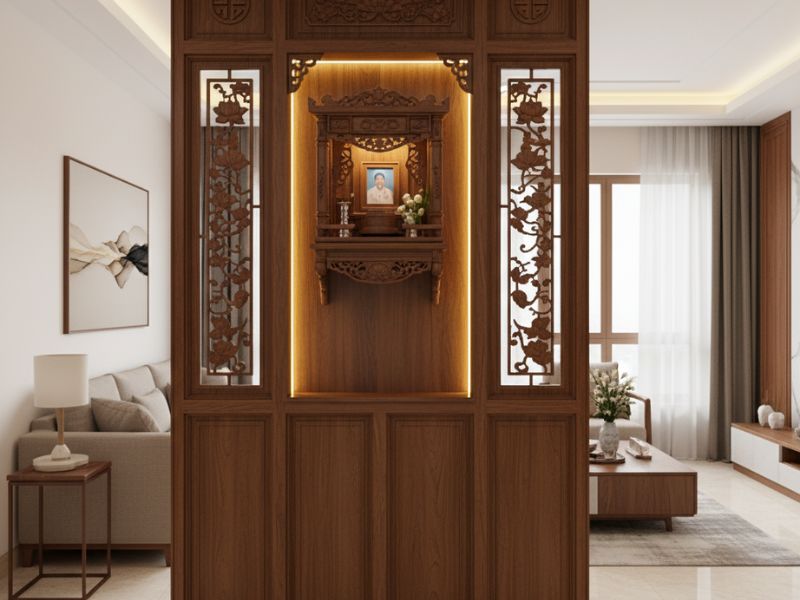 vách ngăn phòng khách kết hợp bàn thờ