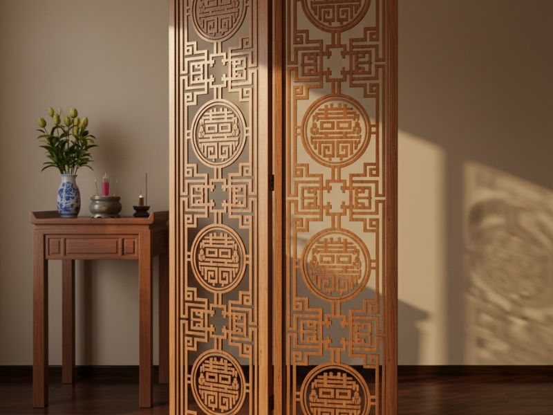 vách ngăn phòng thờ bằng gỗ công nghiệp
