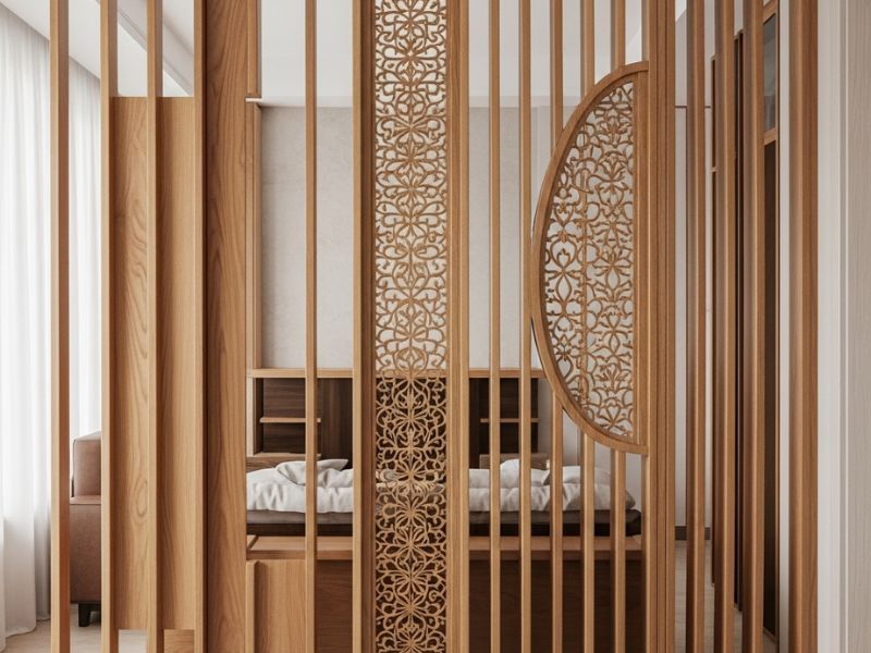 vách ngăn phòng thờ bằng gỗ công nghiệp