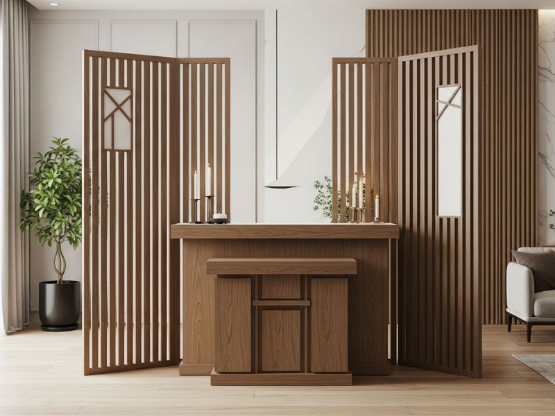 vách ngăn phòng thờ bằng gỗ công nghiệp